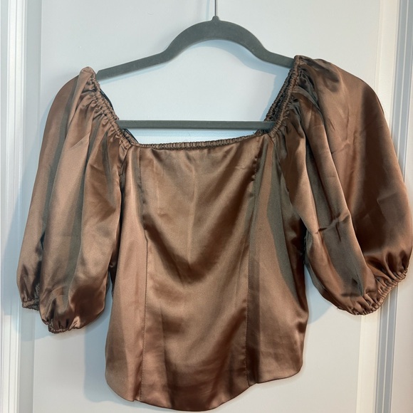Tops - Elegant Brown Satin Puff Sleeve Top
